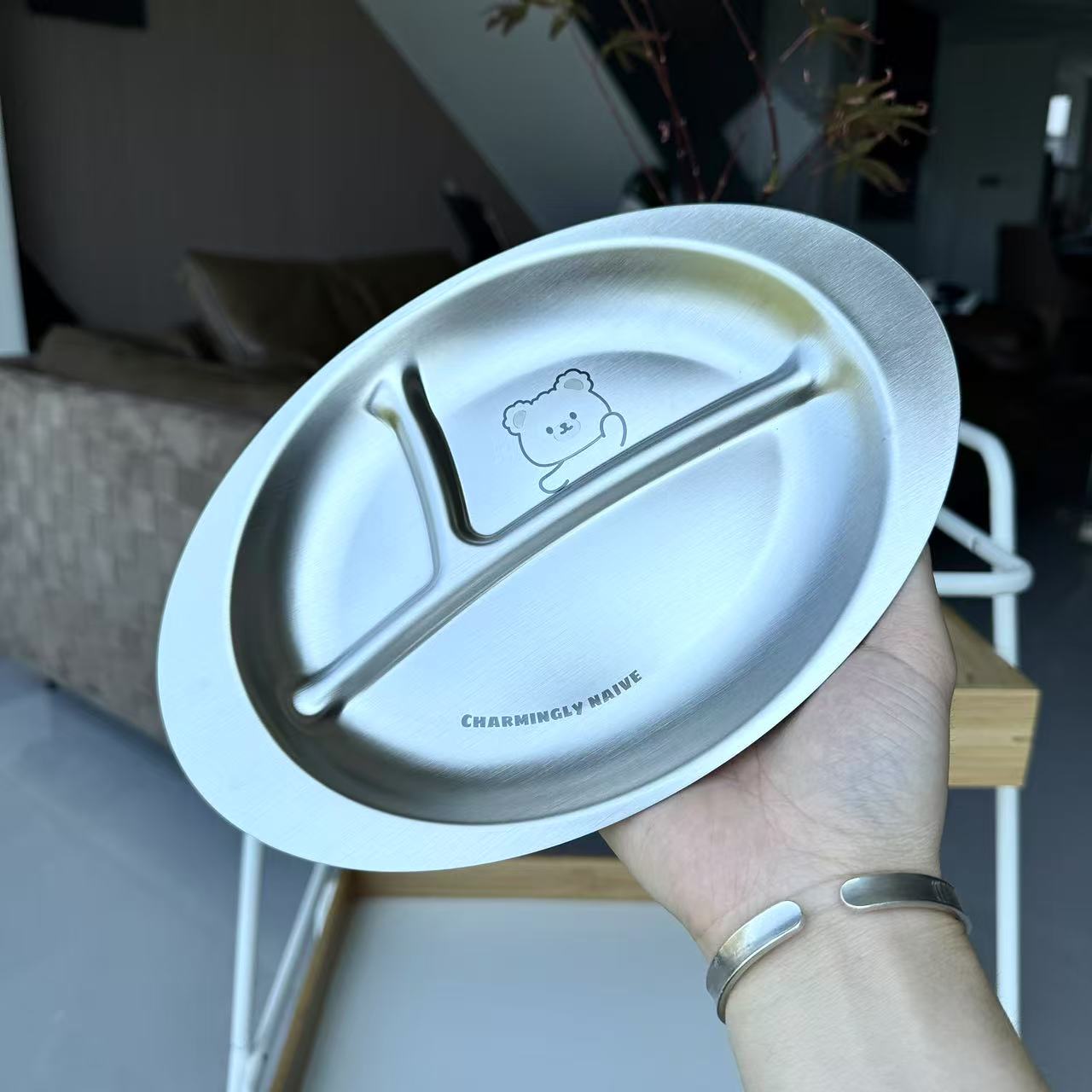 304不锈钢儿童分格餐盘小熊卡通