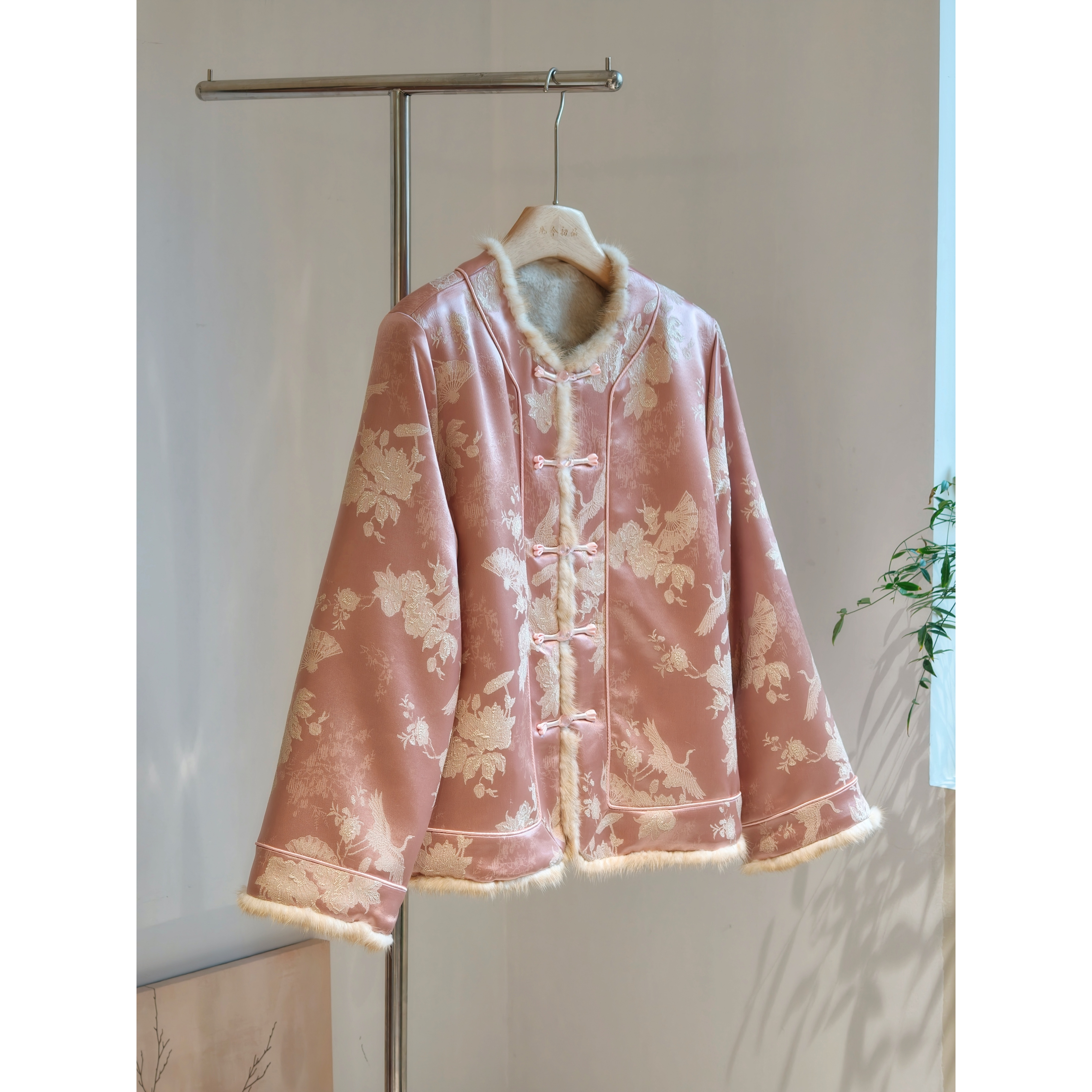 国风双面穿毛皮草外套正反两面新中式冬装女保暖上衣加厚粉色