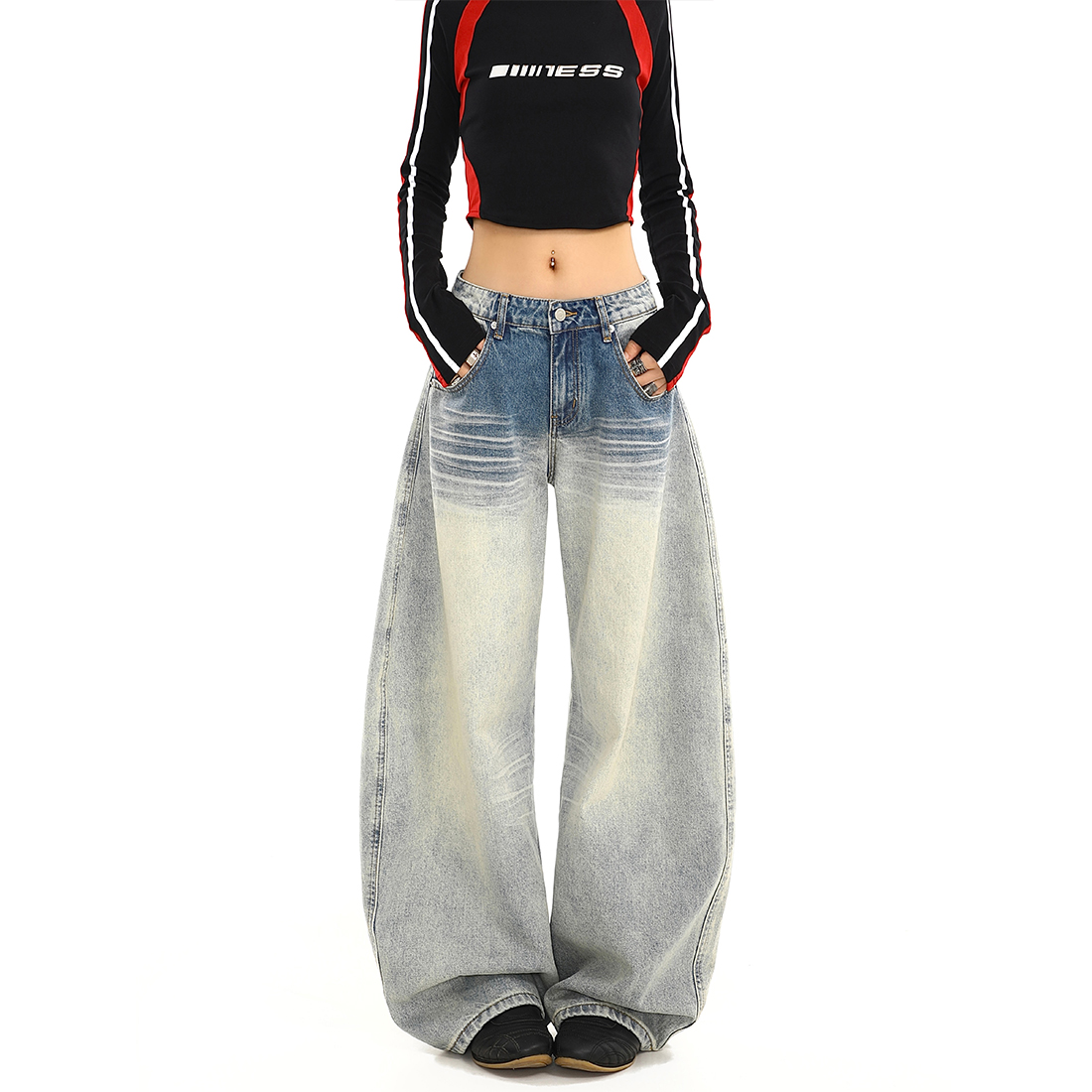 美式复古水洗做旧低腰牛仔裤女设计感休闲宽松直筒阔腿弯刀裤子潮