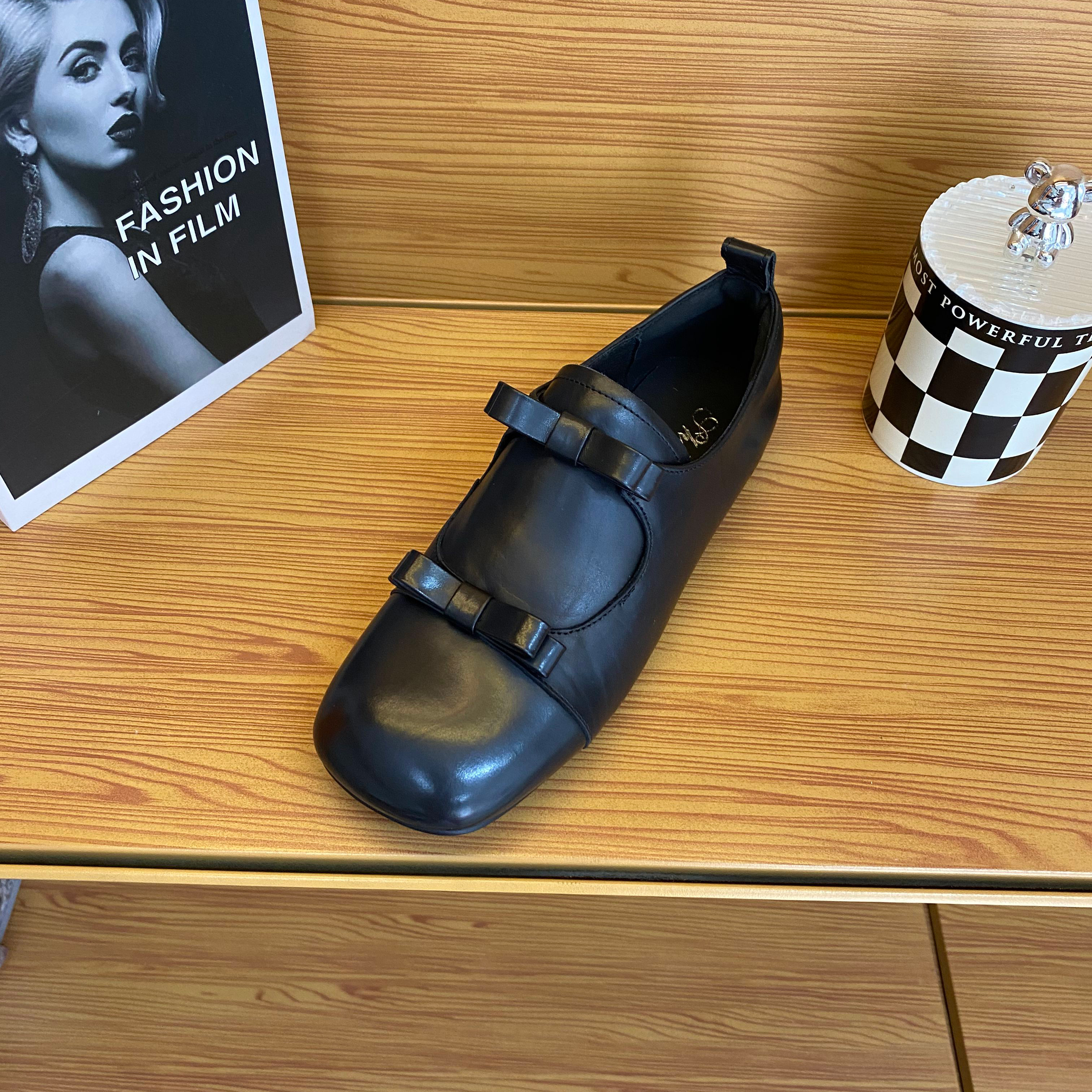 【夏瑟】春季乐福鞋女真皮方头时尚休闲百搭女鞋蝴蝶结复古深口单鞋