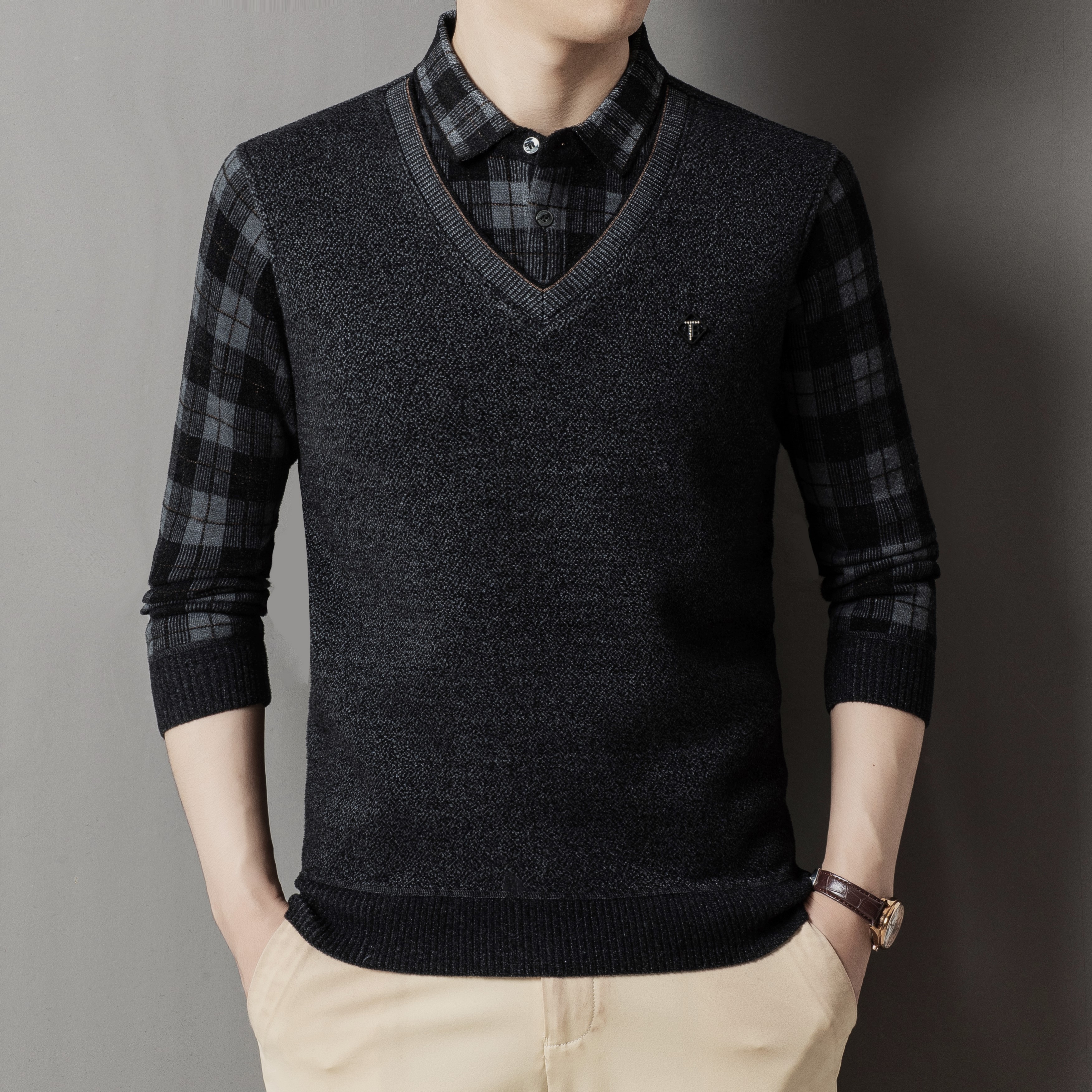 【9802】加厚加绒商务假两件T恤内搭