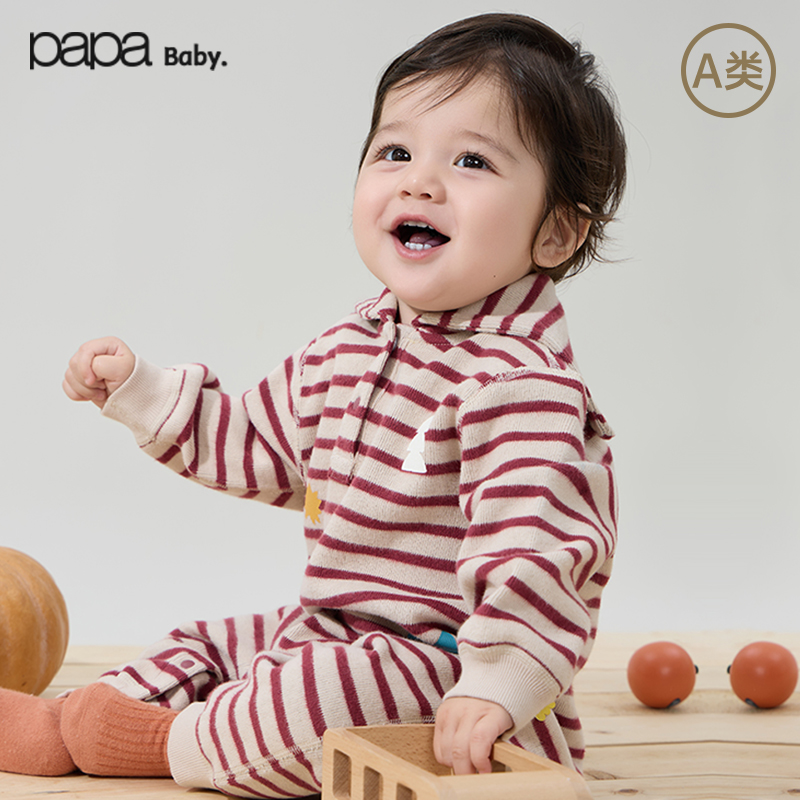 papa爬爬冬加绒婴儿衣服连体衣男女宝宝条纹海军领爬服柔软商品图