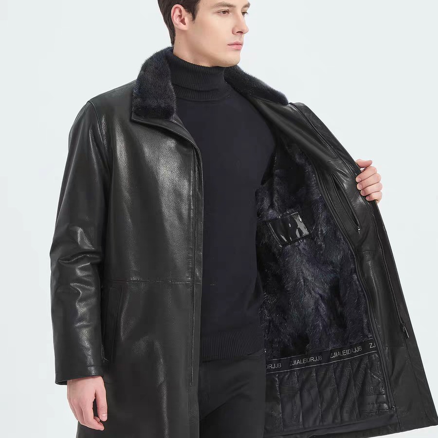 貂皮大衣男水貂内胆皮衣中长款立翻领真皮山羊皮外套