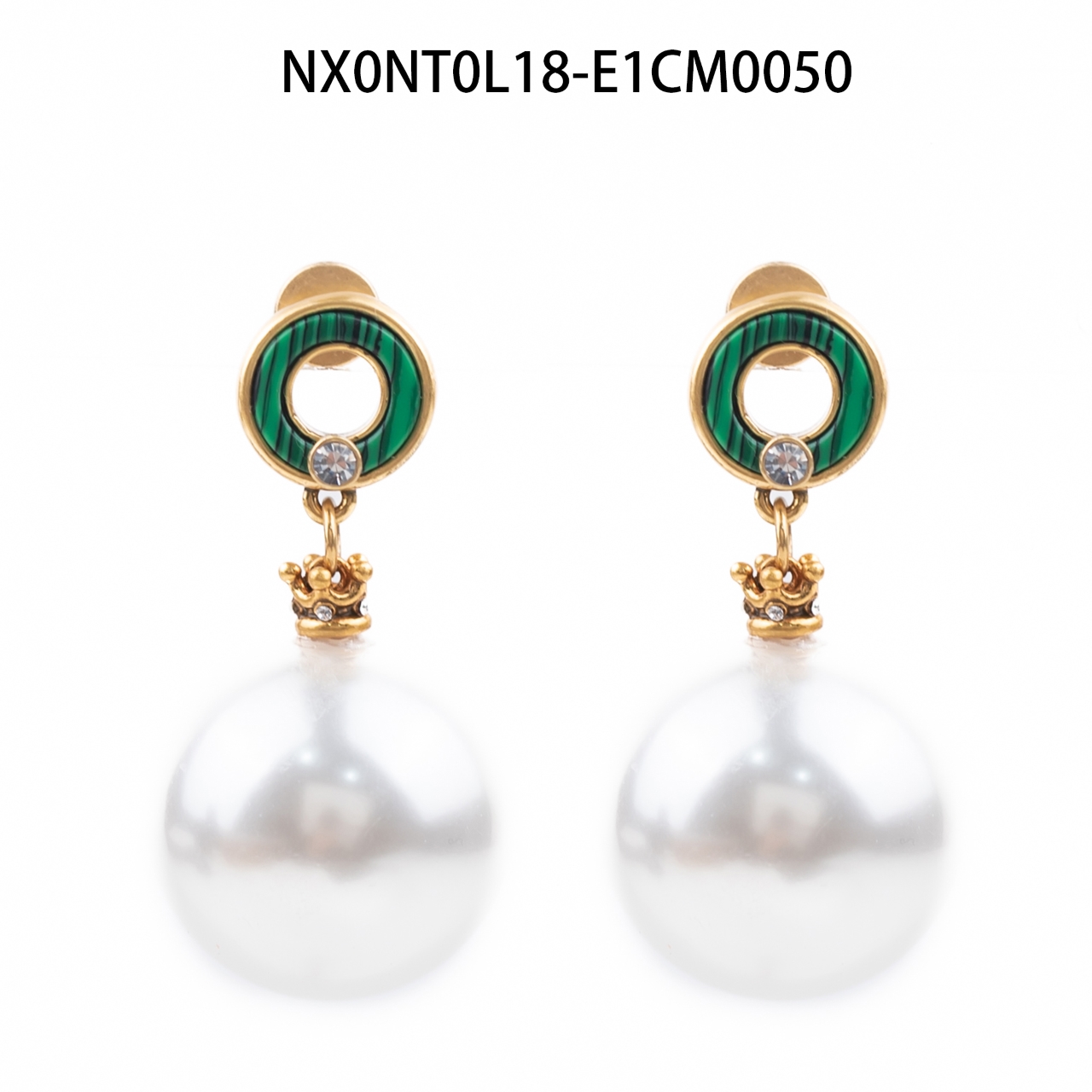 铜合金耳饰 华丽复古大珍珠耳饰孔雀绿圆环镶钻金色精致设计耳环