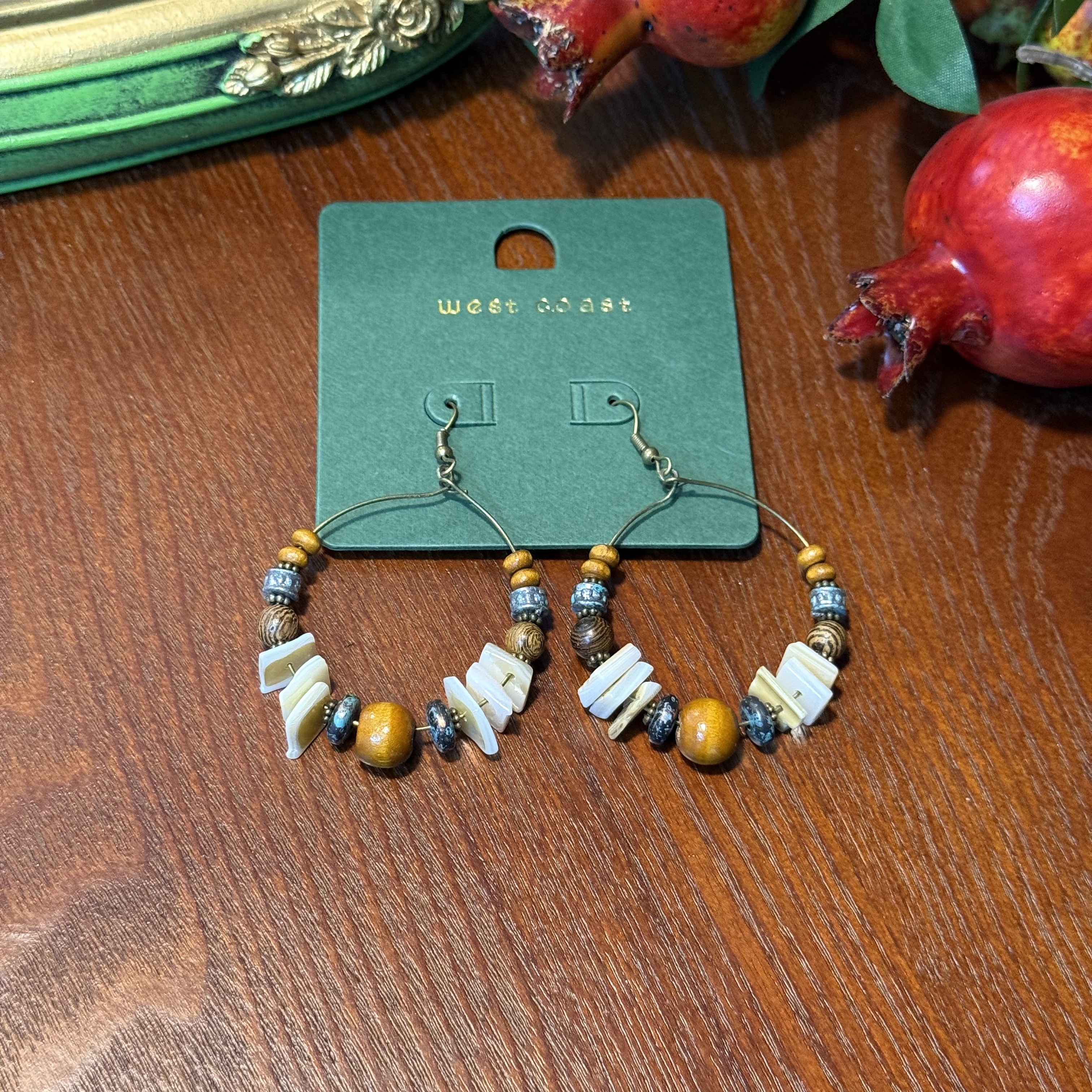 合金贝壳耳饰 小众复古波西米亚风天然贝壳木头串珠民族风耳环 