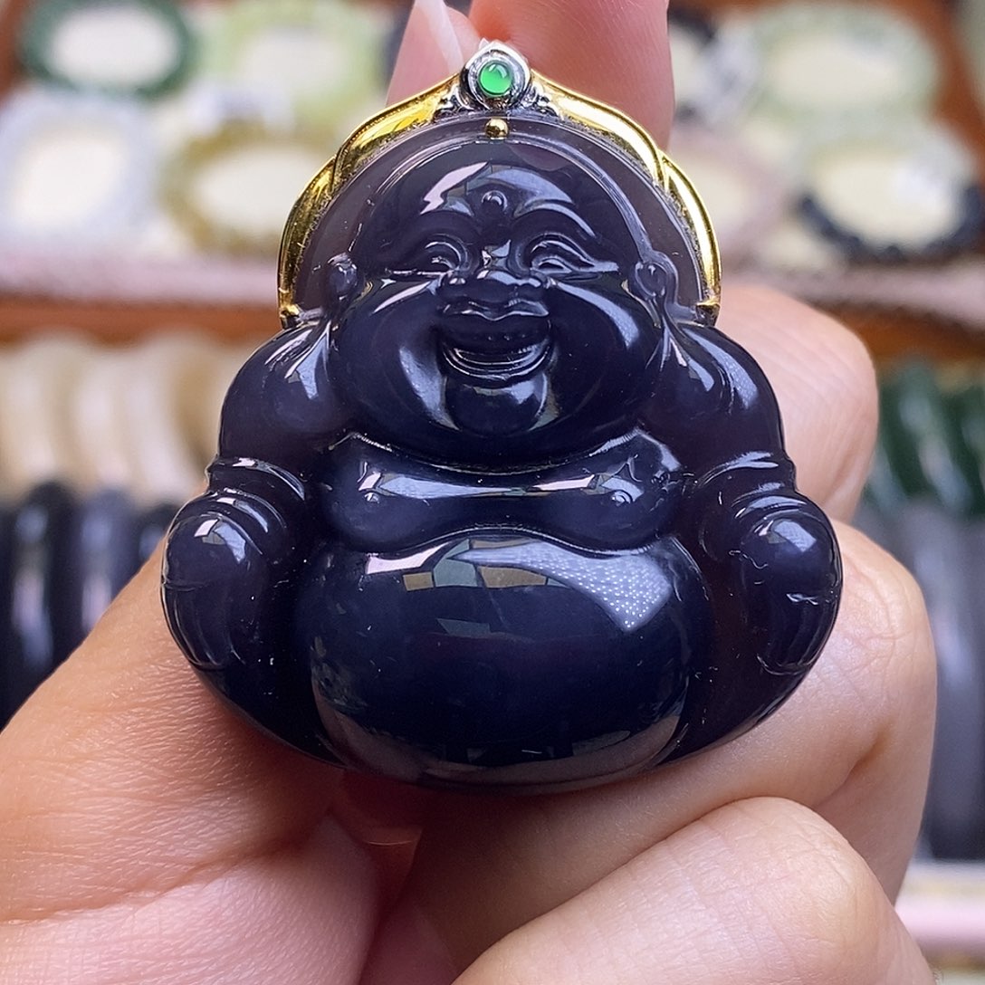 颈饰未镶嵌和田玉毕业级老坑料高冰浓烟紫金镶佛公