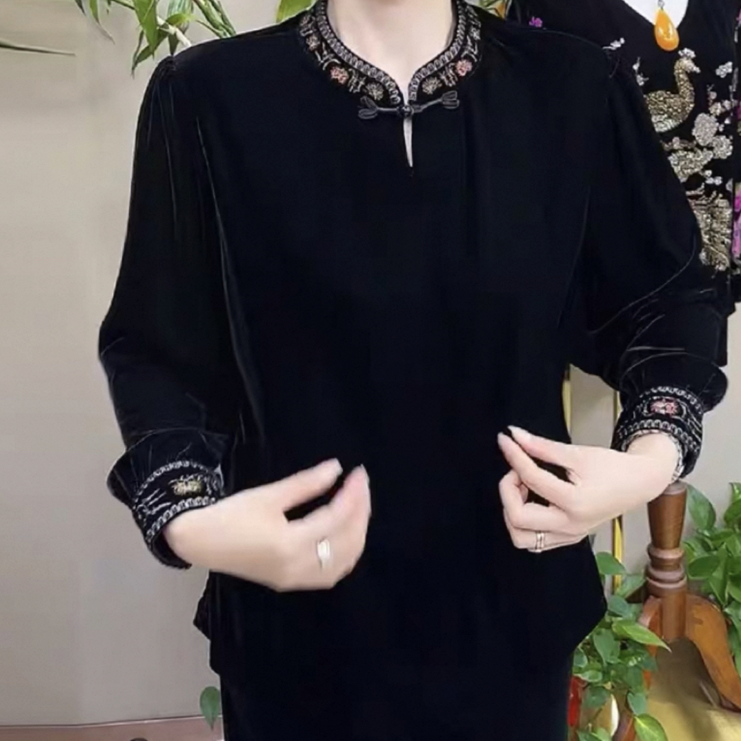高贵洋气妈妈金丝绒上衣女新款复古气质立领刺绣打底小衫