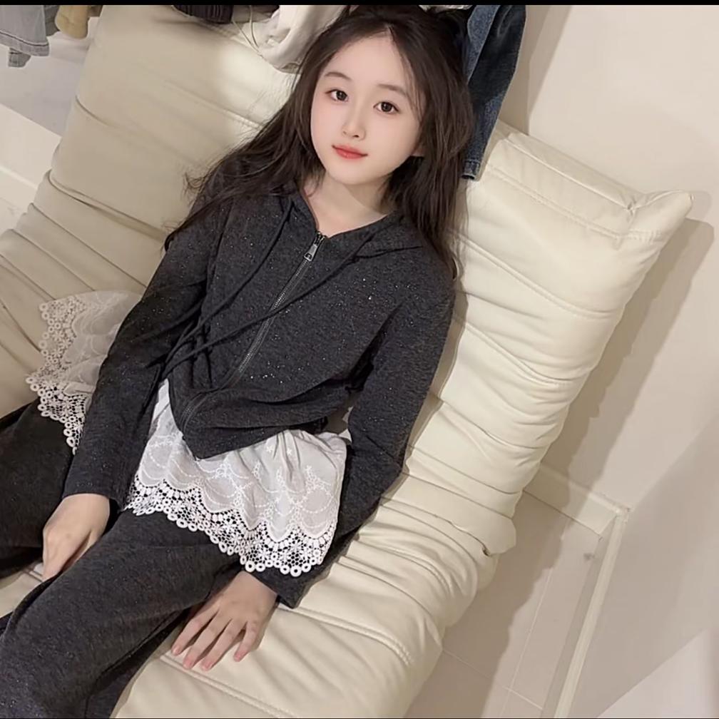 女童春装套装新款儿童连帽运动衫洋派时髦假两件直筒裙裤两件套
