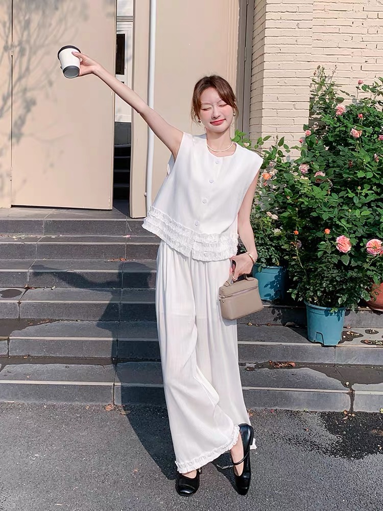 T1218610-老钱风木耳边无袖上衣套装夏新款时尚洋气阔腿裤两件套