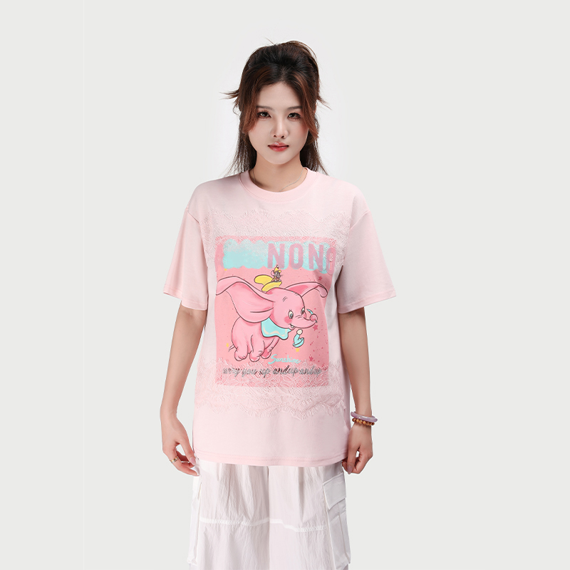 RCTX034289时尚设计感小飞象印花T恤女2026年春蕾丝字母短袖上衣