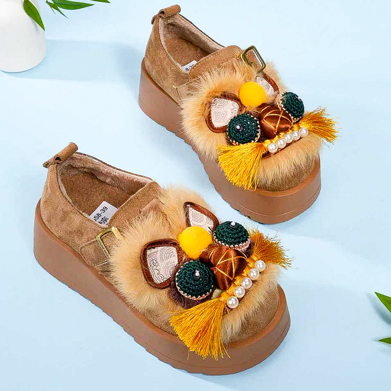 2025新款虎头鞋勃肯厚底真兔毛保暖棉鞋厚底鞋手工鞋8658-39