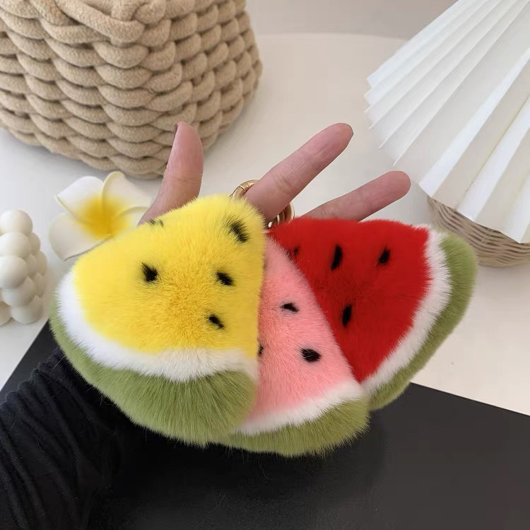 【可爱小西瓜】真獭兔毛汽车钥匙扣挂件毛绒球水果公仔书包包挂饰