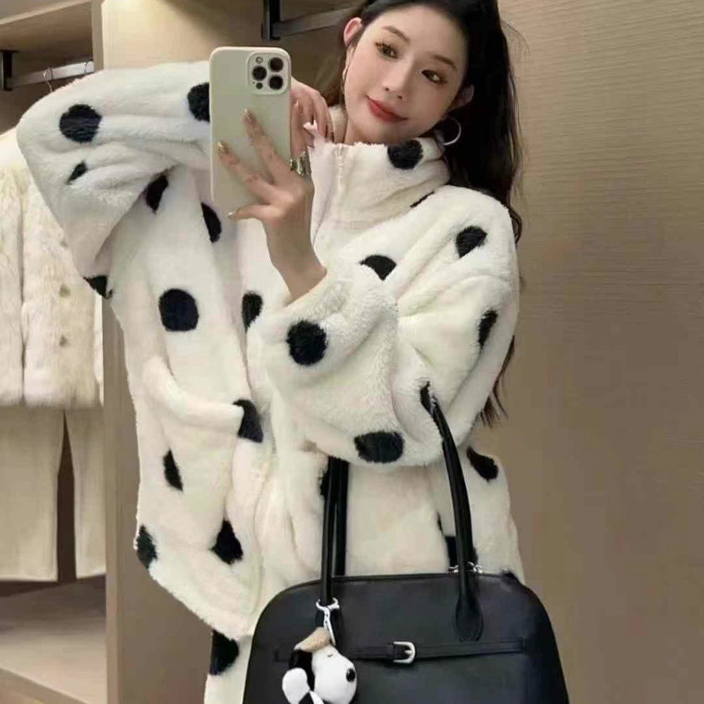 冬季加厚波点立领开衫睡衣女珊瑚绒拉链家居服宽松保暖两件套装女