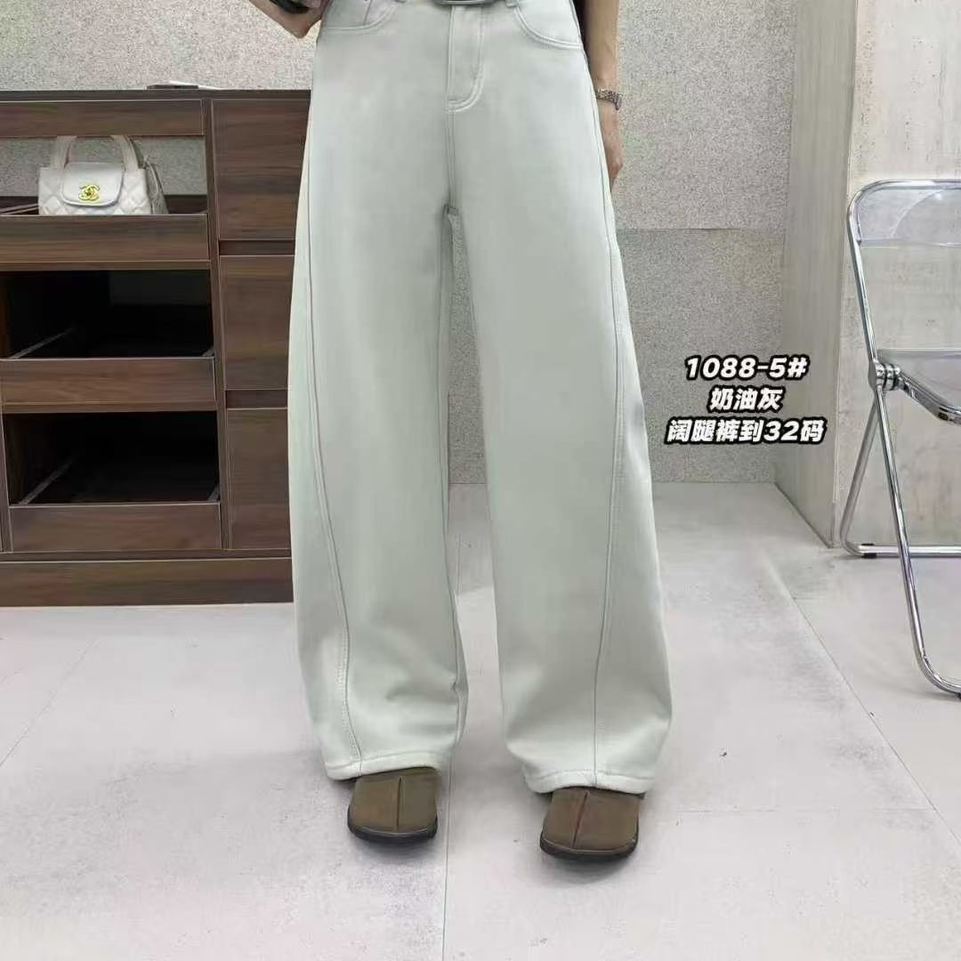 乖乖女装 冬季新款欧货加绒奶油色色弯刀阔腿牛仔裤