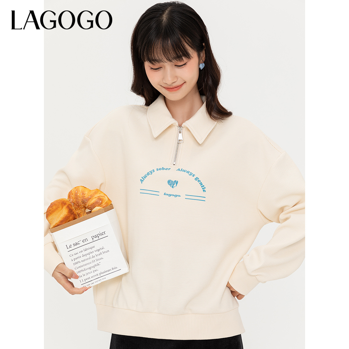 【春日FL】lagogo拉谷谷翻领温柔百搭舒适可爱卫衣女NAEE411W07