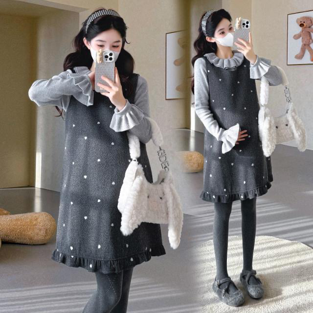 孕妇装2025年秋冬新款绣花毛呢背心裙+荷叶边毛衣上衣两件套套装