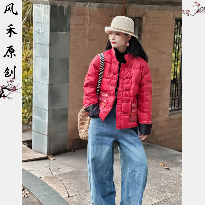 风禾原创【98922】冬季新款时尚百搭加厚立领纯色盘扣口袋羽绒服