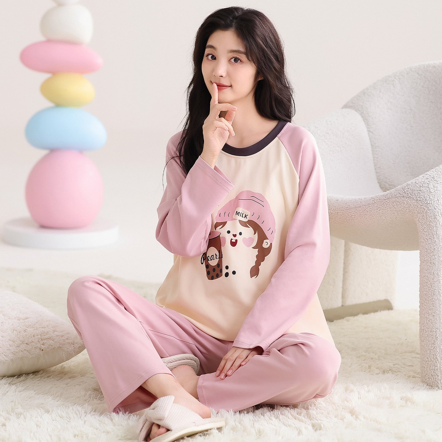 2025年春秋冬新款长袖套头精梳棉睡衣大码女士居家外出穿休闲套装