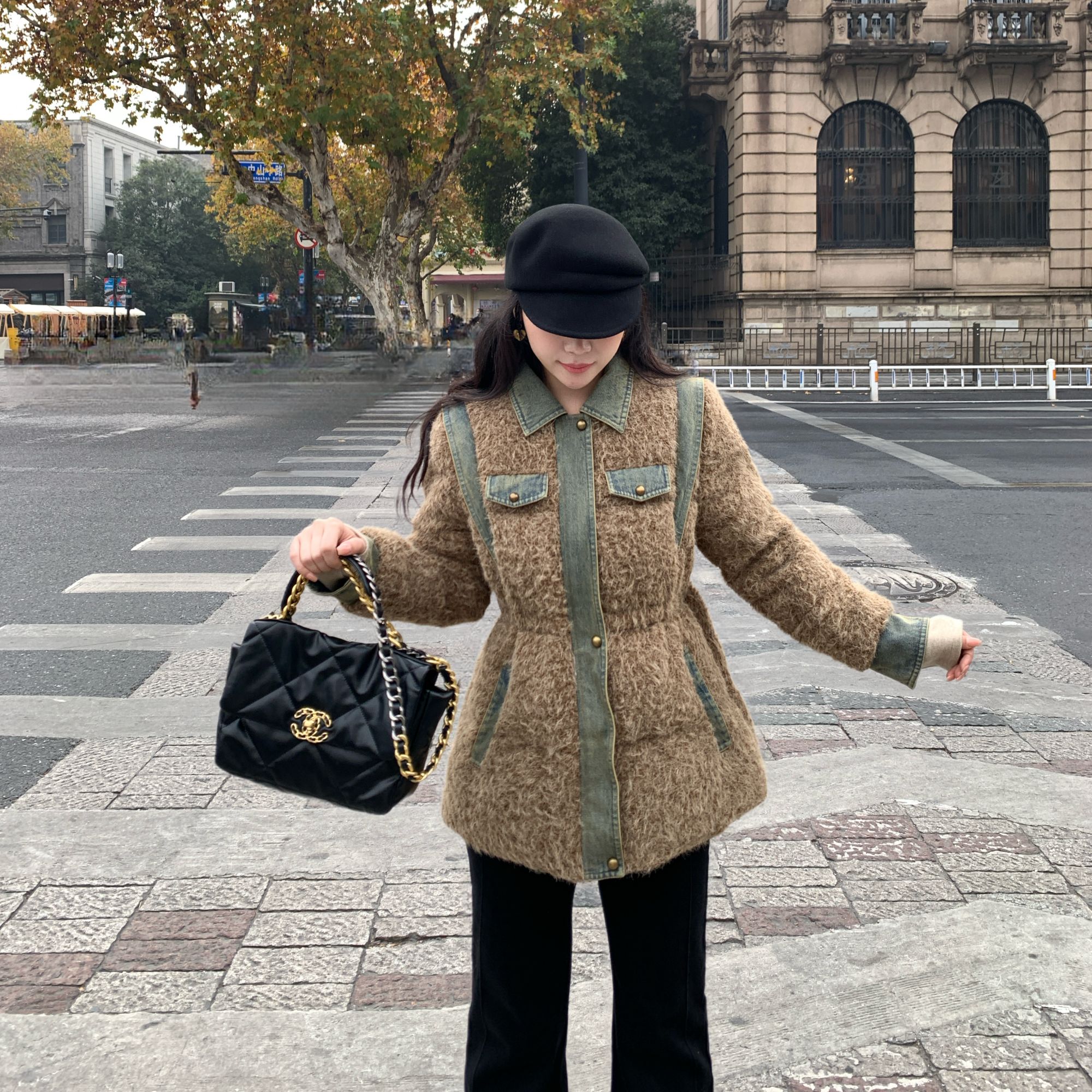 南岛风精梳棉翻领拼接牛仔中长款毛毛厚款女显瘦气质羽绒服NDF55