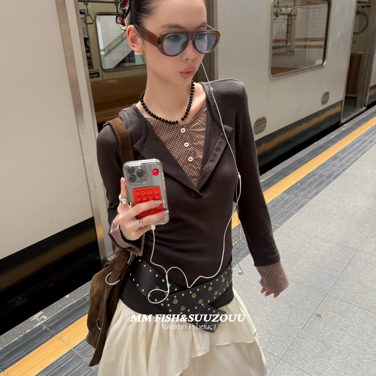 MM.FISH&SUUZOUU-时髦街头潮流拼接格子假两件小衫25T546