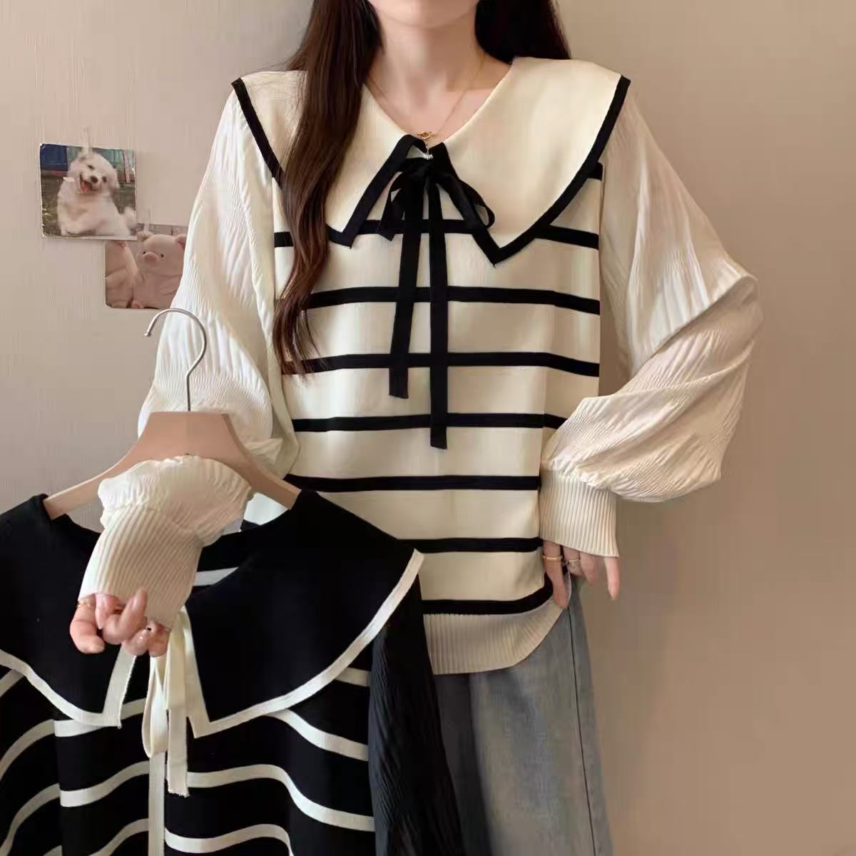 9037#娃娃领条纹针织衫女早春新款大码胖mm法式蝴蝶结上衣毛衣