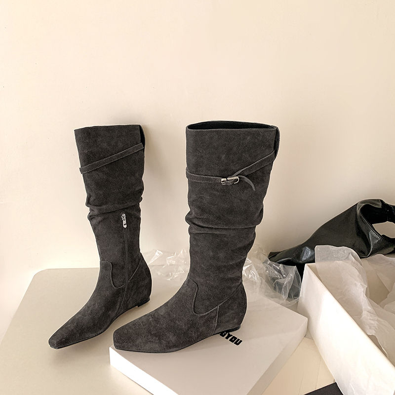 2025秋冬新款内增高气质优雅显瘦高筒骑士绒面粗跟堆堆切尔西女靴