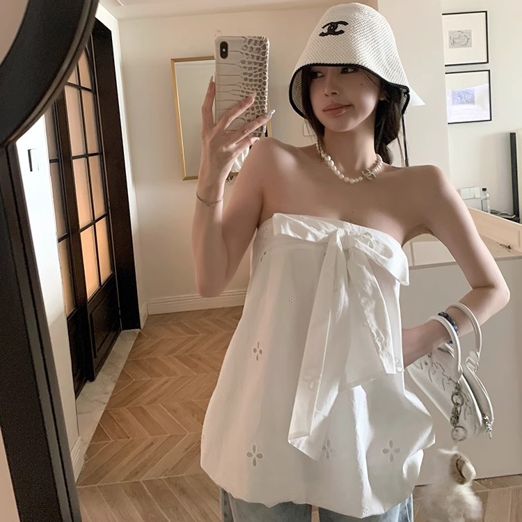 夏日度假风白色蝴蝶结抹胸背心女设计感小众纯欲休闲百搭辣妹上衣