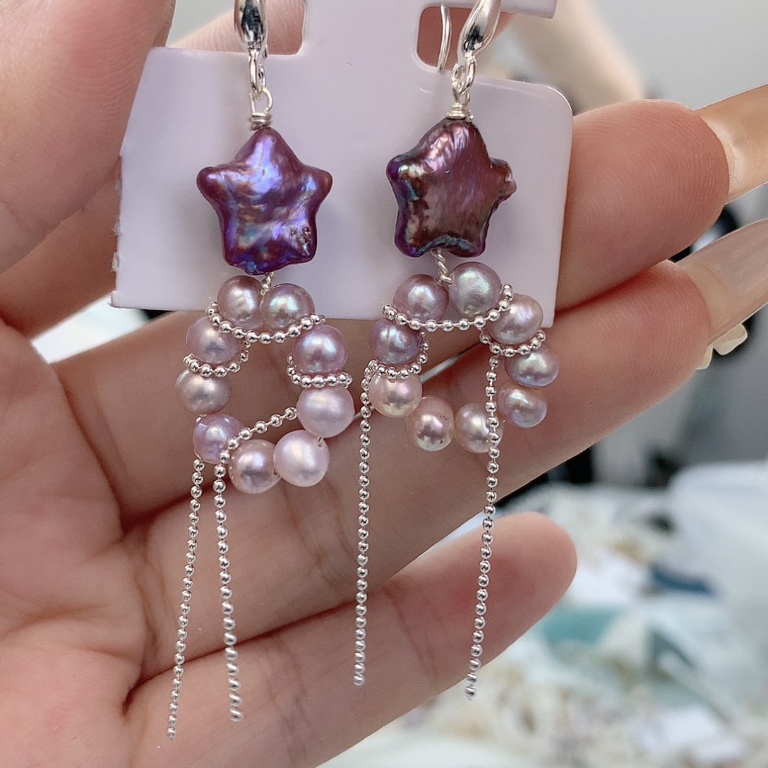 银S925镶嵌耳饰淡水珍珠紫色星星
