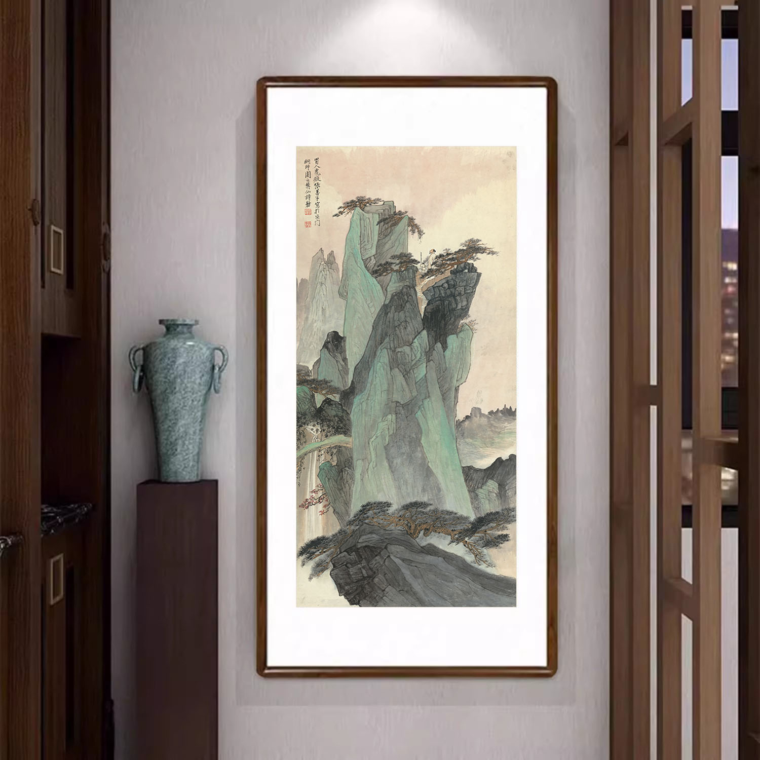 青绿山水画新中式客厅正对门玄关装饰画办公室走廊过道靠山图挂画