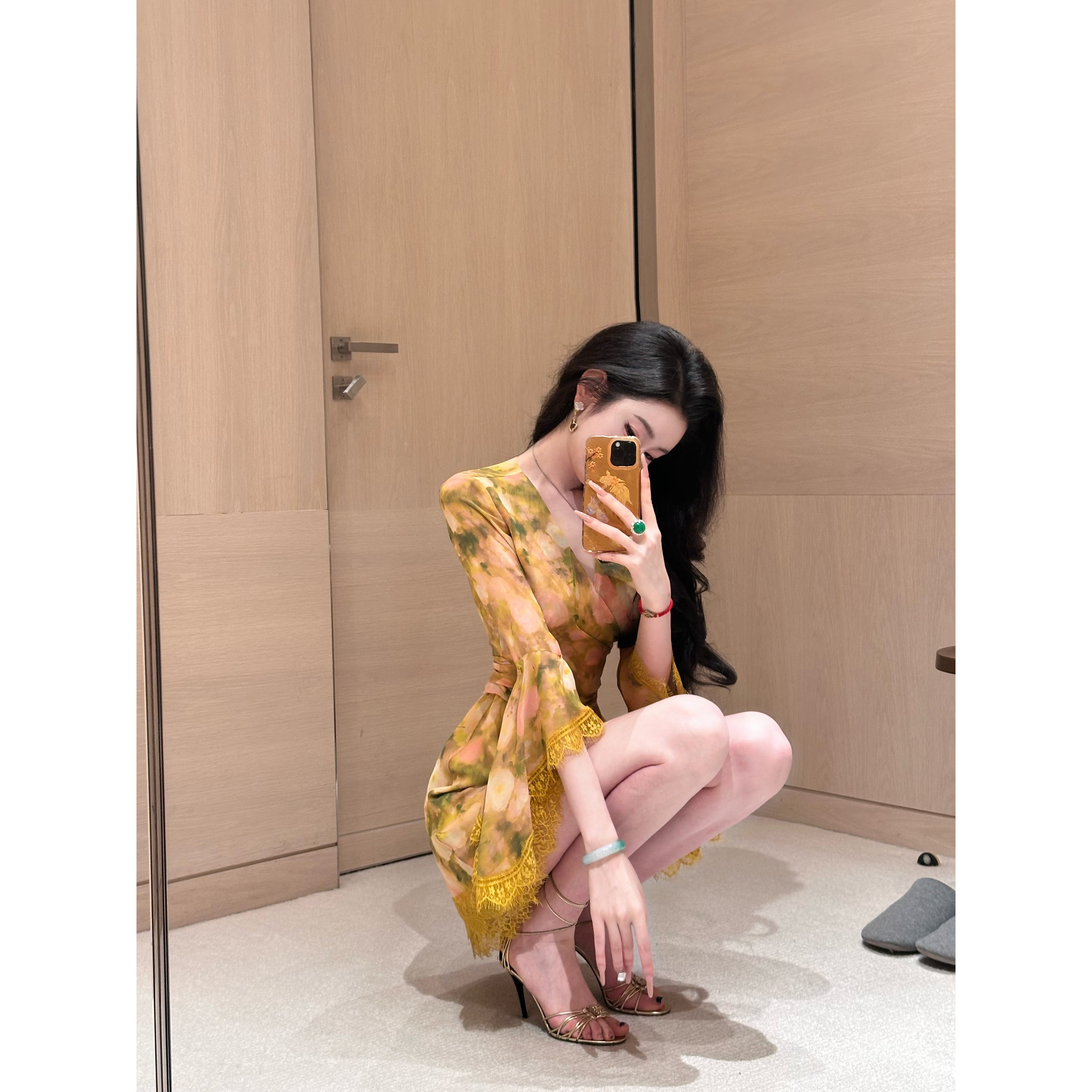 【雅乔定制】花期如梦 蕾丝花边鎏金印花连衣裙DYJJ-25060960