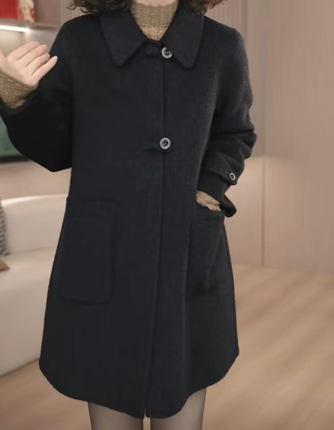 轻奢高级小个子时尚韩版盘口大衣毛呢黑色中长款气质秋冬外套呢子