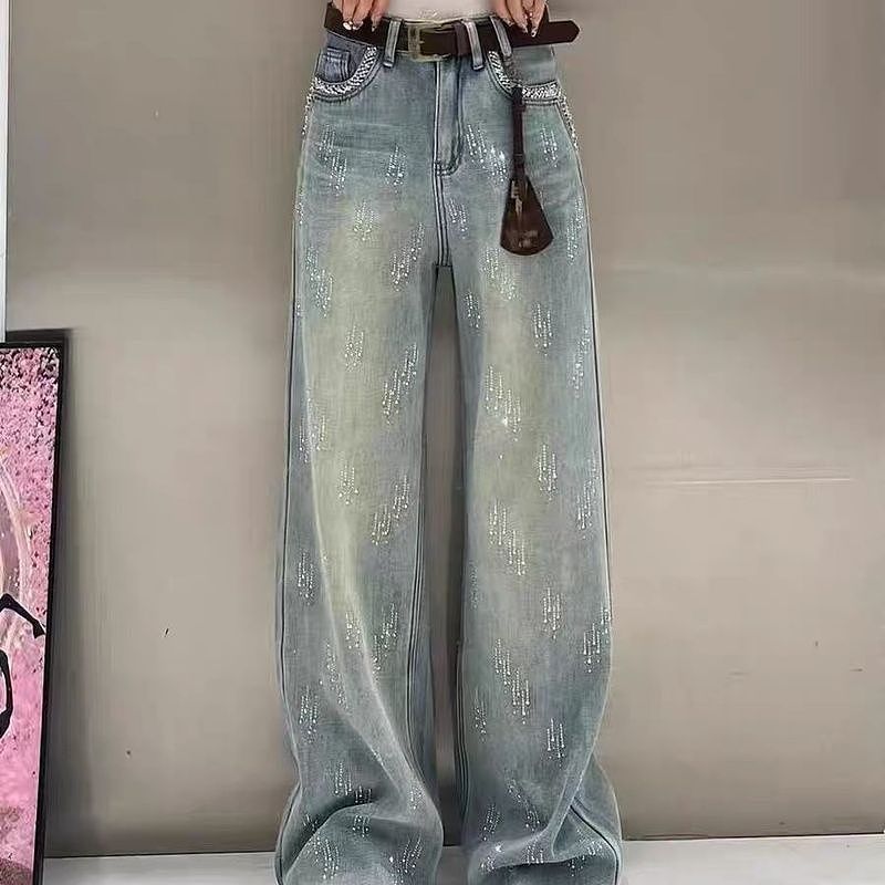 欧货2025春夏新款轻奢烫钻高品质牛仔裤女洋气渐变显高窄版直筒裤