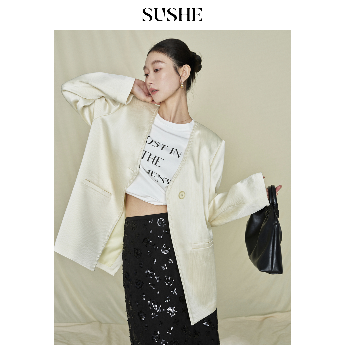 SUSHE霁玉光泽春秋肌理感2025年春季新款特种绣西装外套女秋季