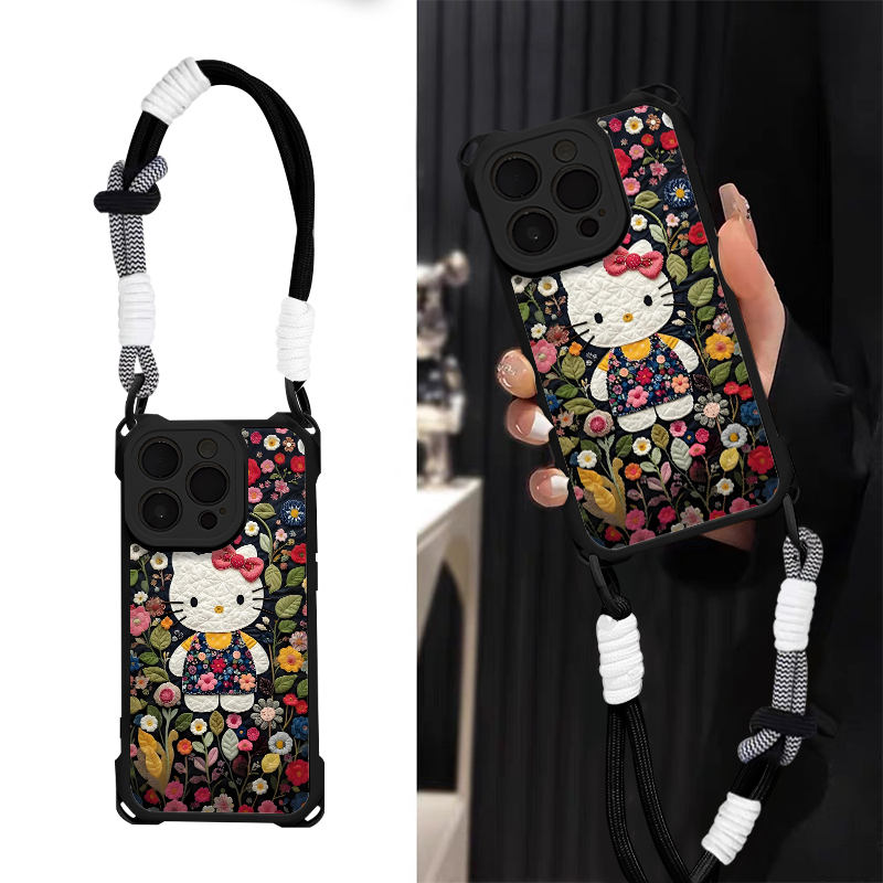 繁花凯蒂四角防摔羊皮壳适用苹果vivo华为oppo小米卡通手机壳挂绳