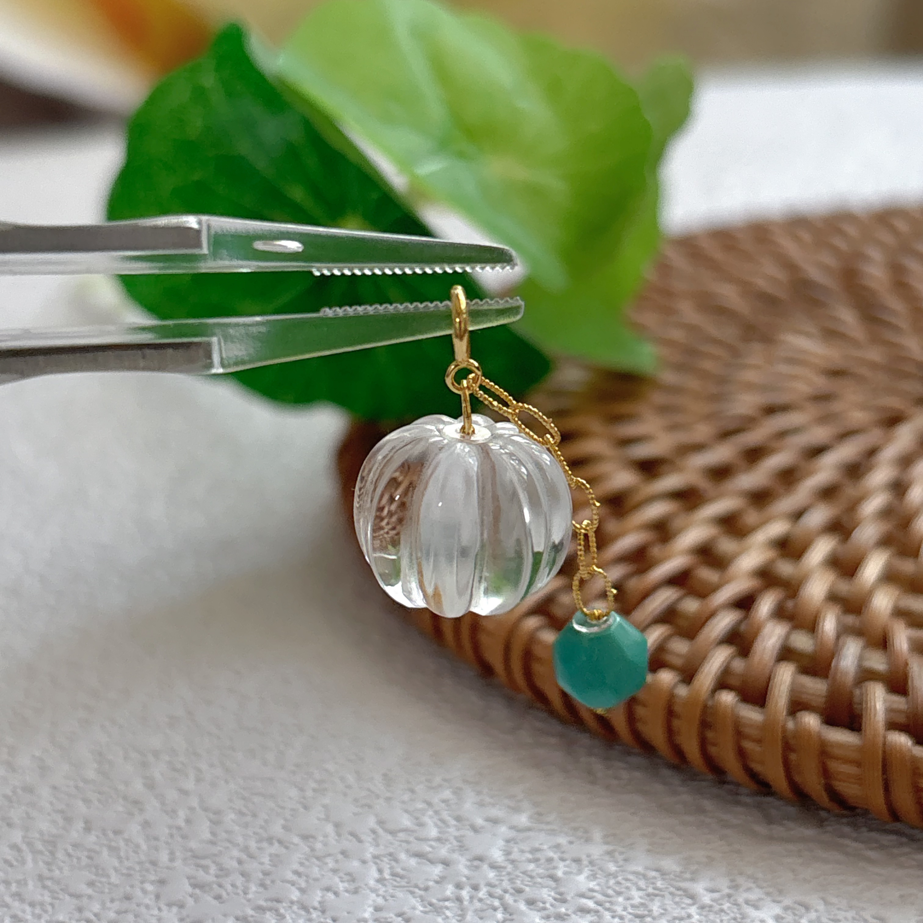 【彩矿】天然双A级白水晶南瓜珠滴流搭配18K金和绿松石多样性发其一