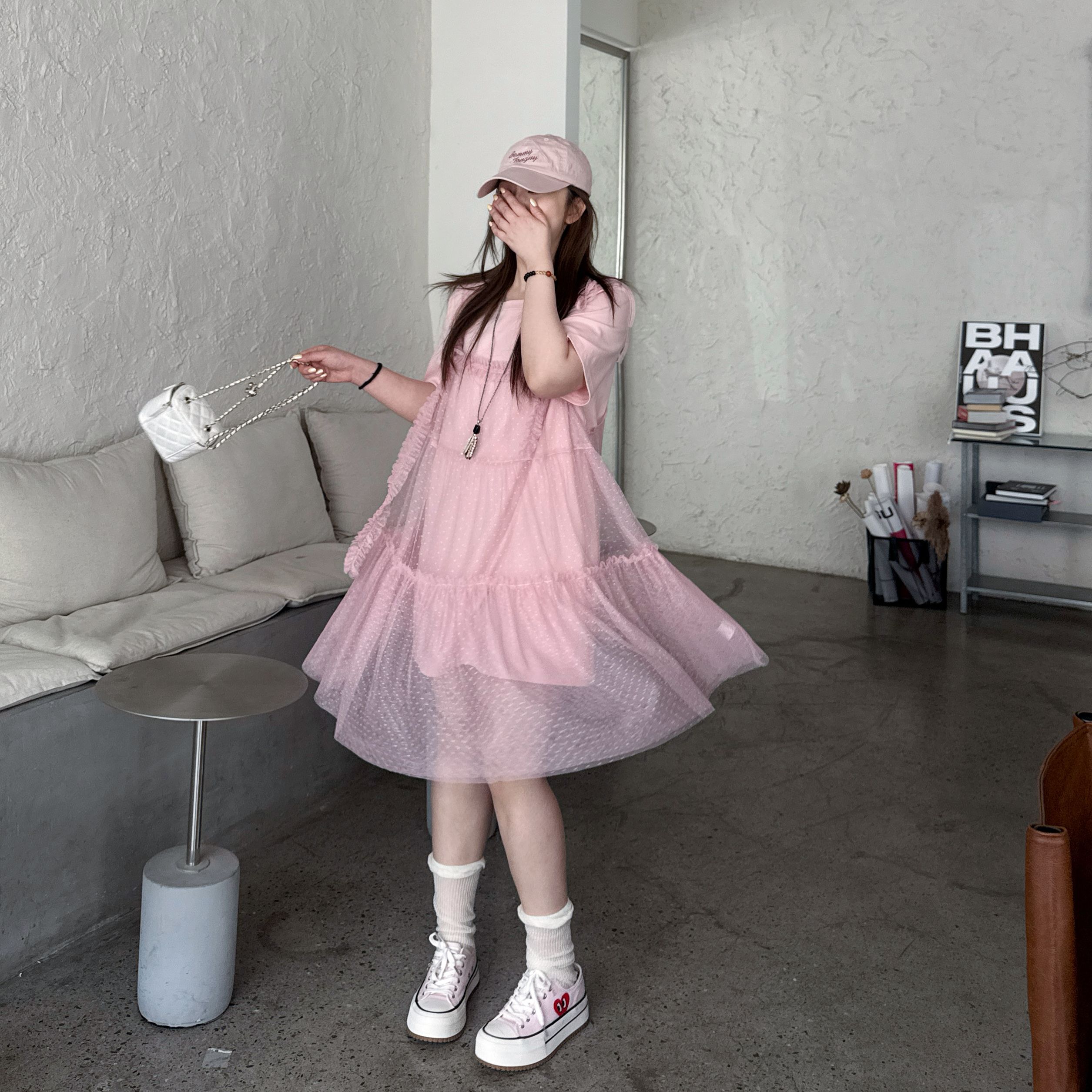晶咕软软【怦然心动】韩系少女感纯色休闲宽松连衣裙+网纱吊带裙
