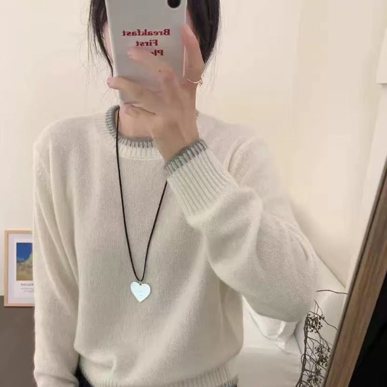 拼色圆领100%纯羊毛衫女套头毛衣双色袖针织打底衫秋冬
