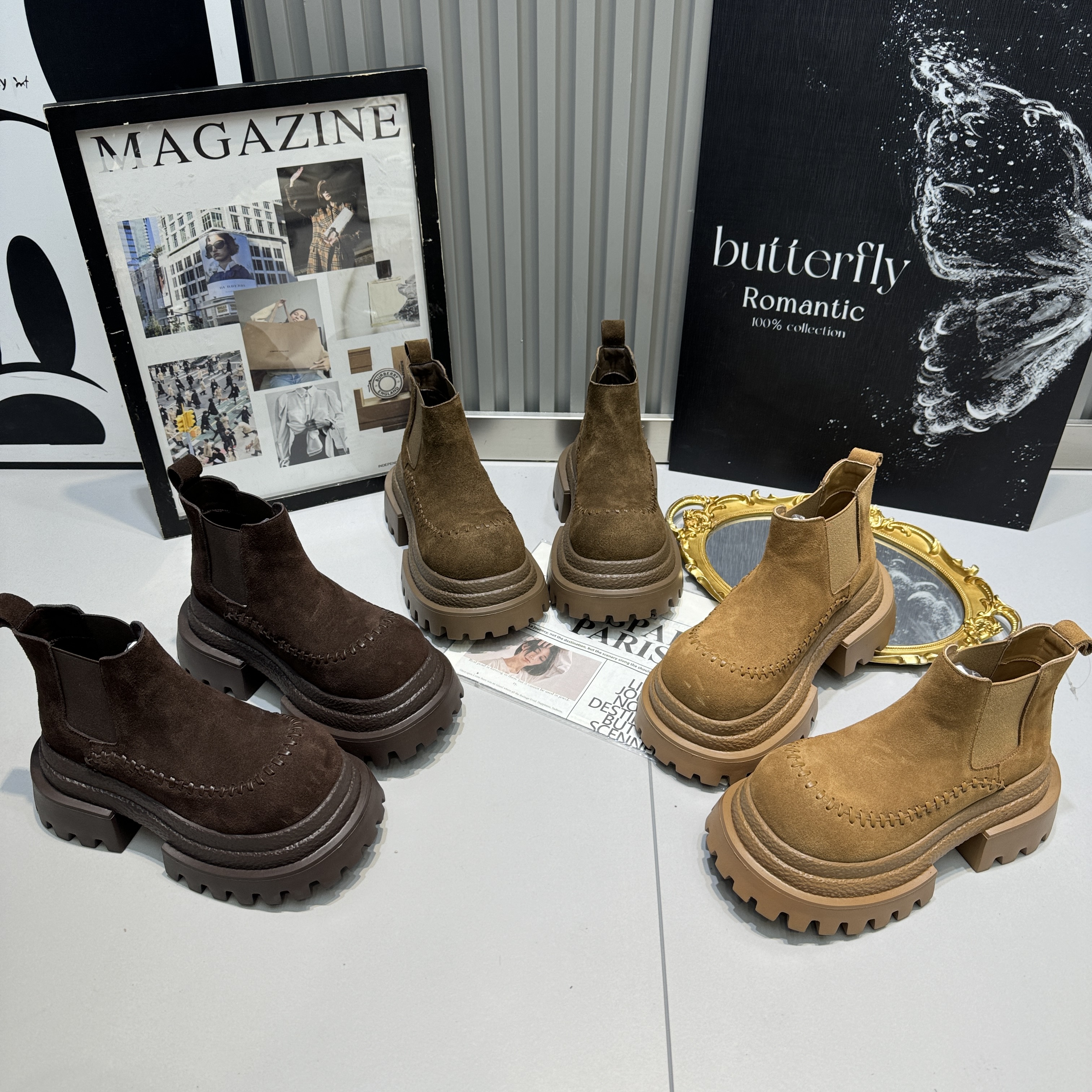 CY新款复古磨砂真皮纯皮短筒靴松糕厚底小个子增高显瘦靴马丁靴