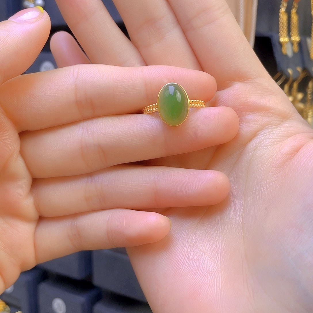 和田玉戒指银S925镀金镶嵌