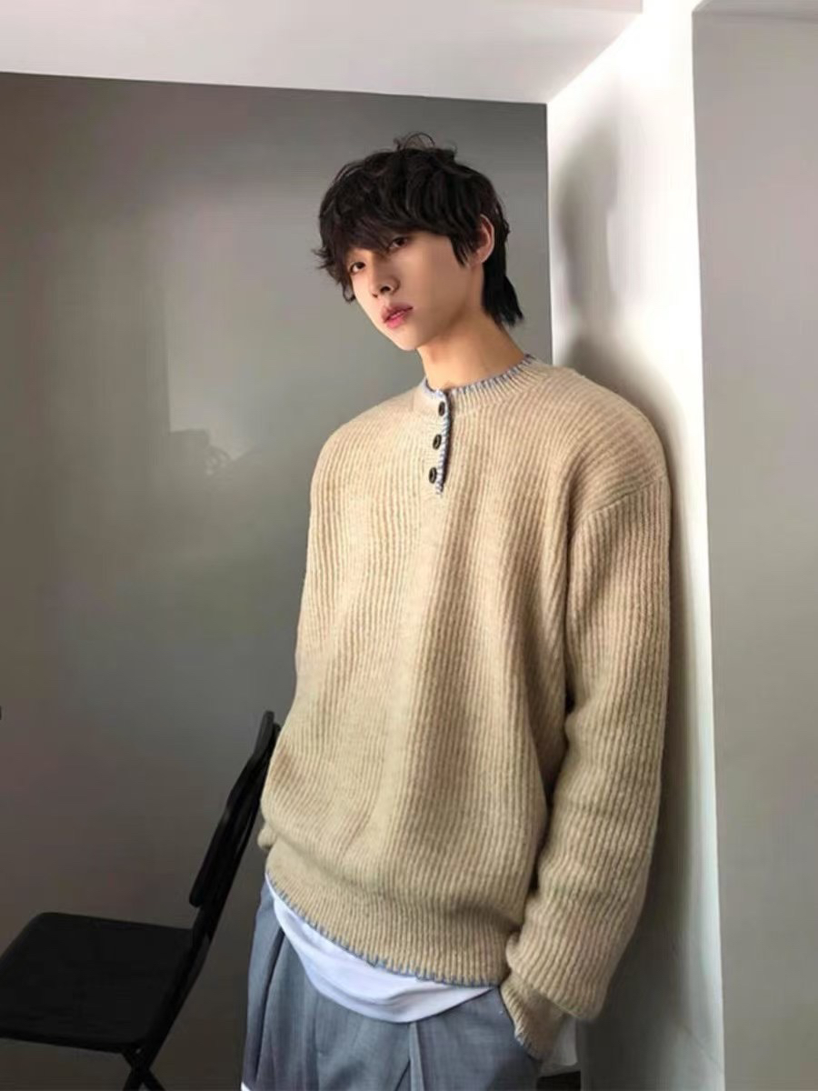 美式宽松毛衣带扣子情侣款偏大长袖纯色