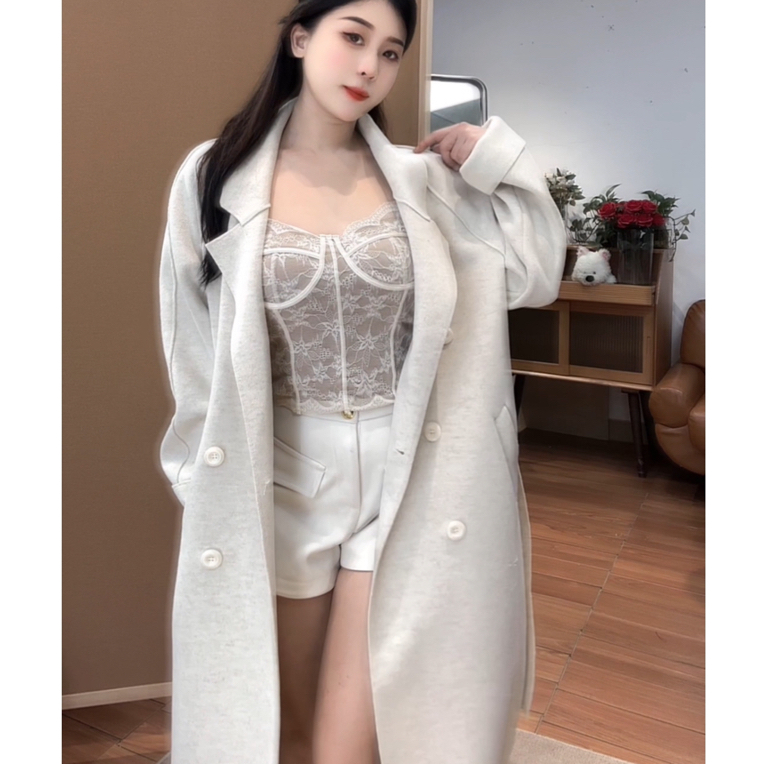 【韩剧女主】长款带细闪翻领双面呢气质时尚大衣设计师冬款女装1155