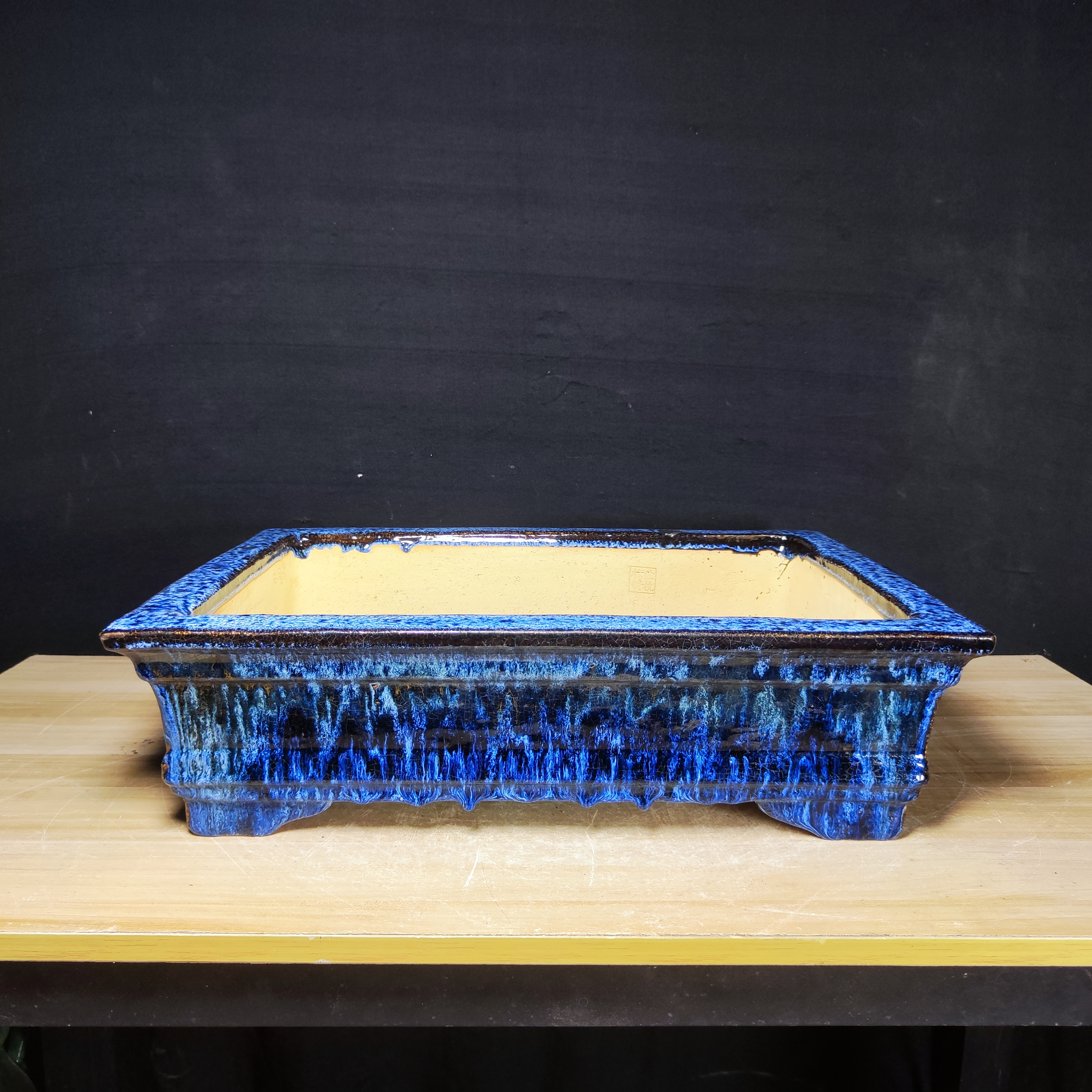 纯蓝坤釉长方石湾盆景花盆透气实用