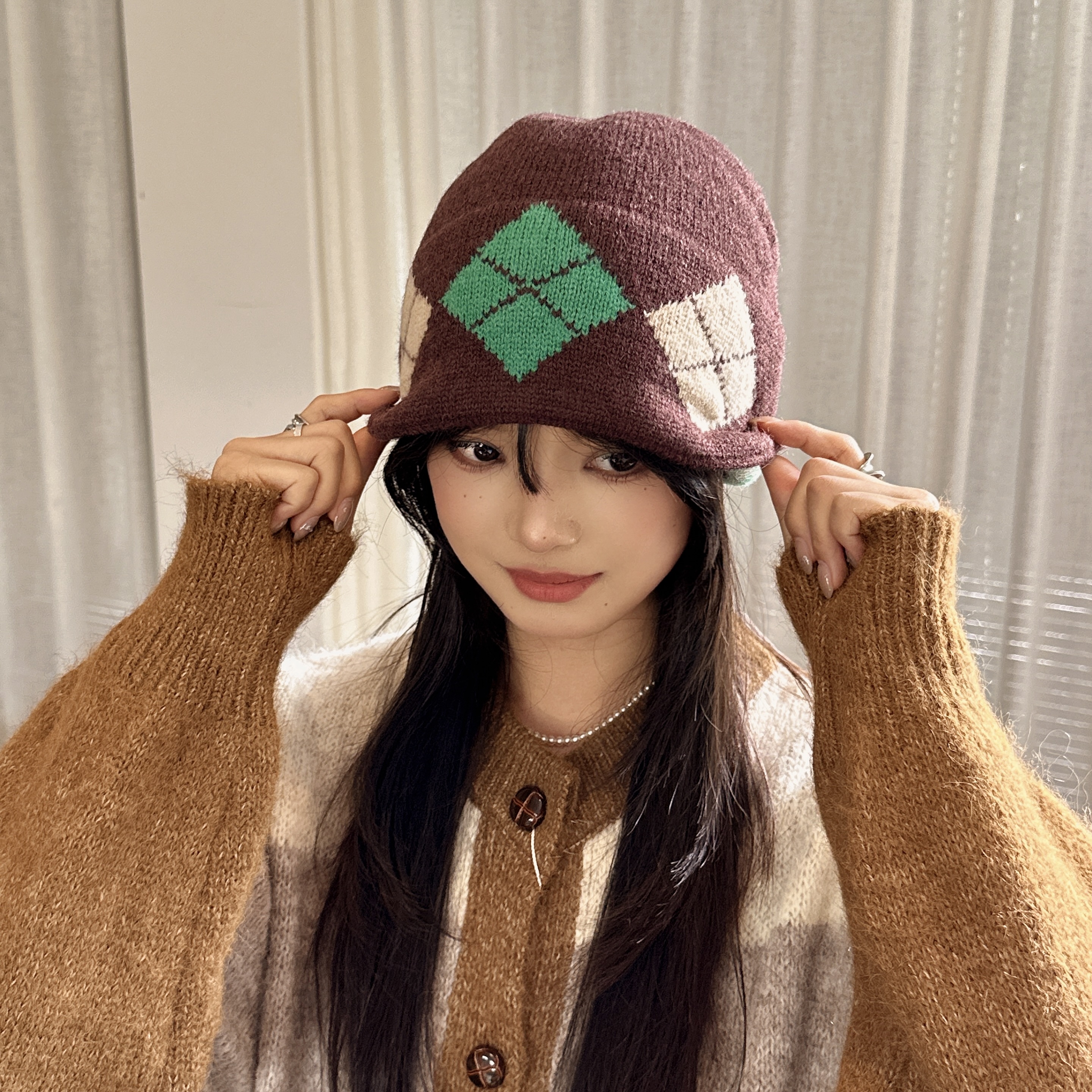 韩系帽子时尚女款秋季包头帽韩版秋冬菱形格纹无檐防风保暖针织帽