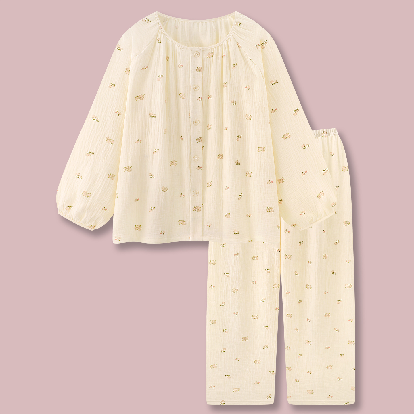 『花漾奶芙』简约田园风睡衣女春秋款2025新款纯棉纱布长袖家居服套