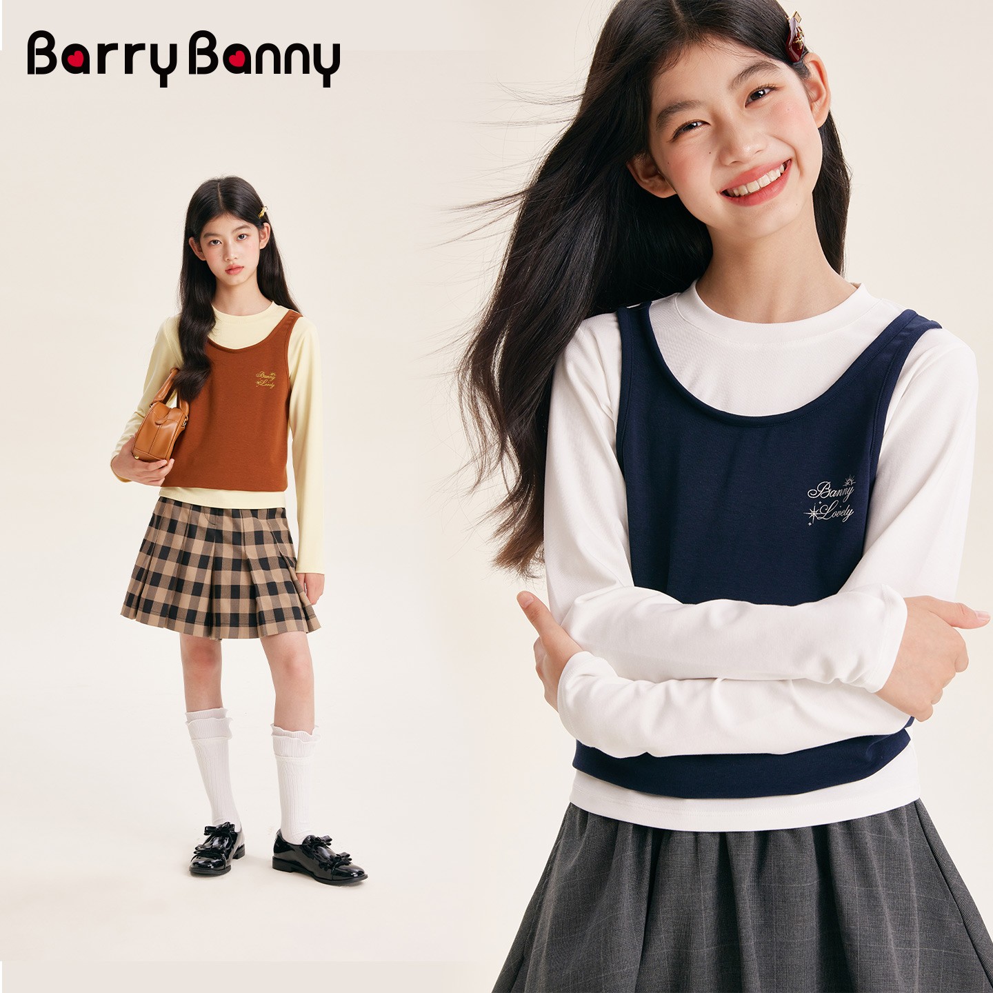 BarryBanny儿童长袖t恤女2025秋季大童女孩假两件洋气上衣打底衫