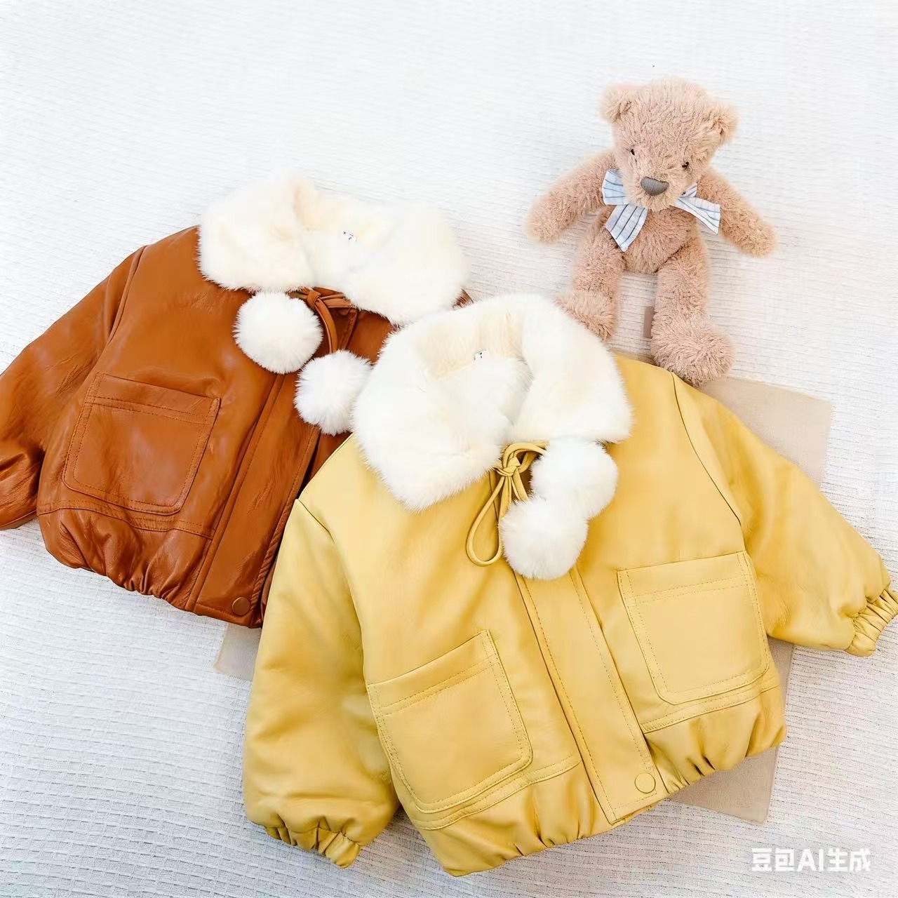 【九妈家】SHE IS RAINBOW新款女童冬季加绒加厚翻领皮衣韩版外套