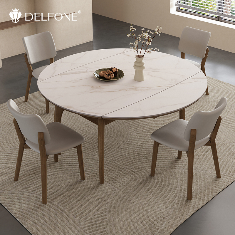 德利丰岩板餐桌家用可伸缩白蜡木实木新中式方变圆抽拉家具