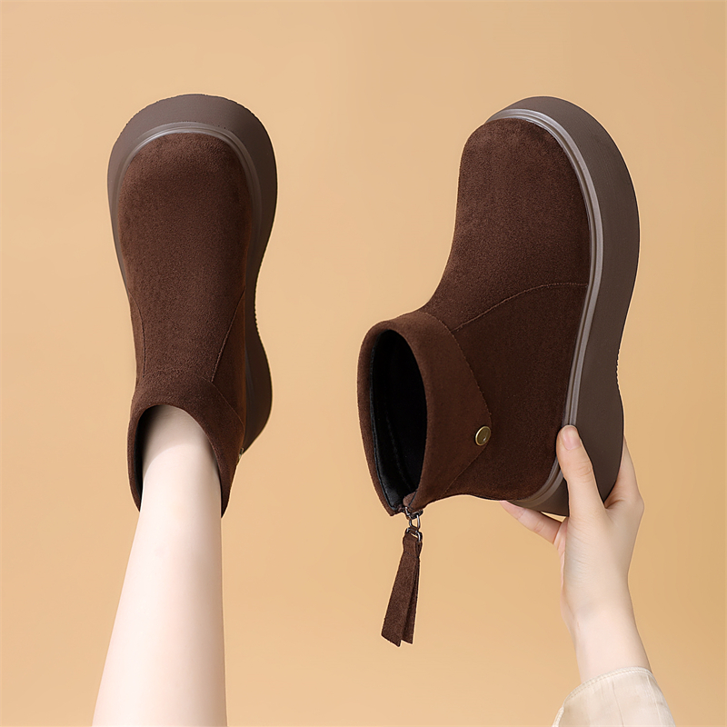 厚底短筒靴女2025秋冬新款加绒加厚保暖圆头绒面勃肯鞋增高马丁靴