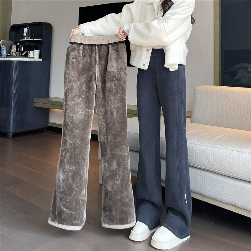 雪尼尔微喇叭裤女秋冬季加绒裤子2025新款羊羔绒加厚保暖棉裤女冬