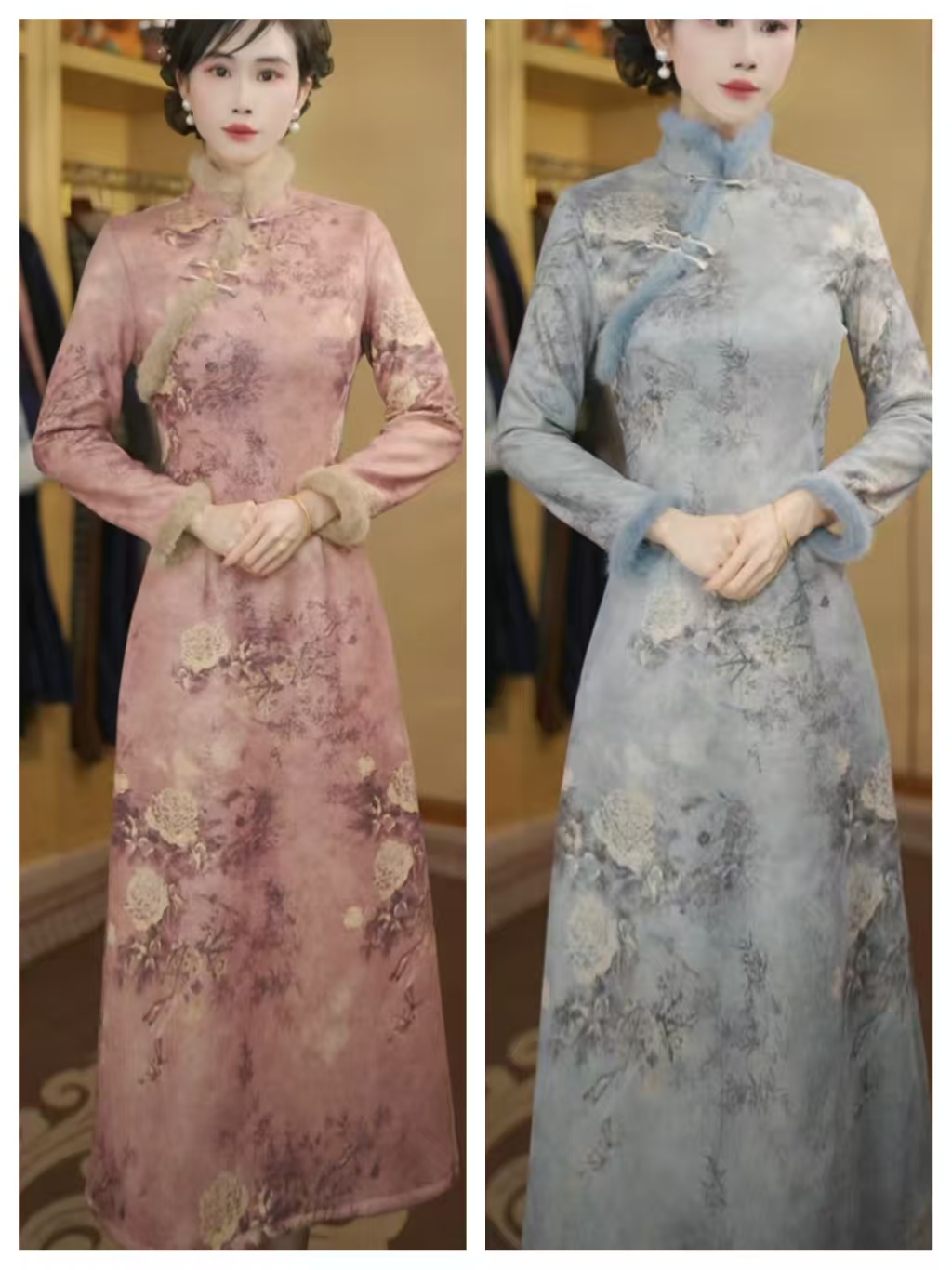 云昭 冬季加绒毛领新款优雅气质文艺日常奥黛改良旗袍